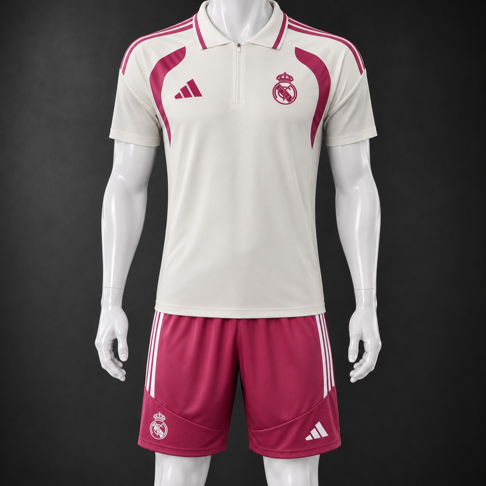 Real Madrid 26/27 Off‑White Magenta Polo Short Sleeve Short Set