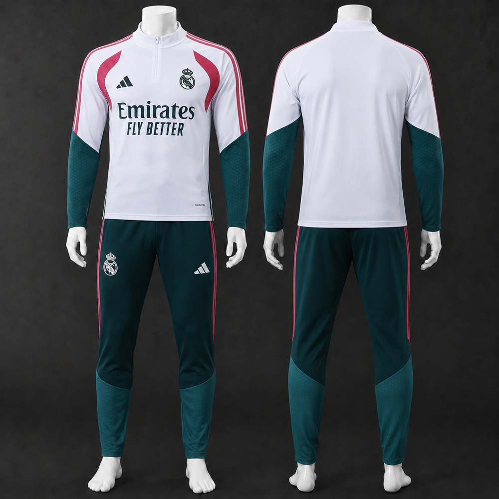 Real Madrid 26/27 White Teal Half Zip Tracksuit