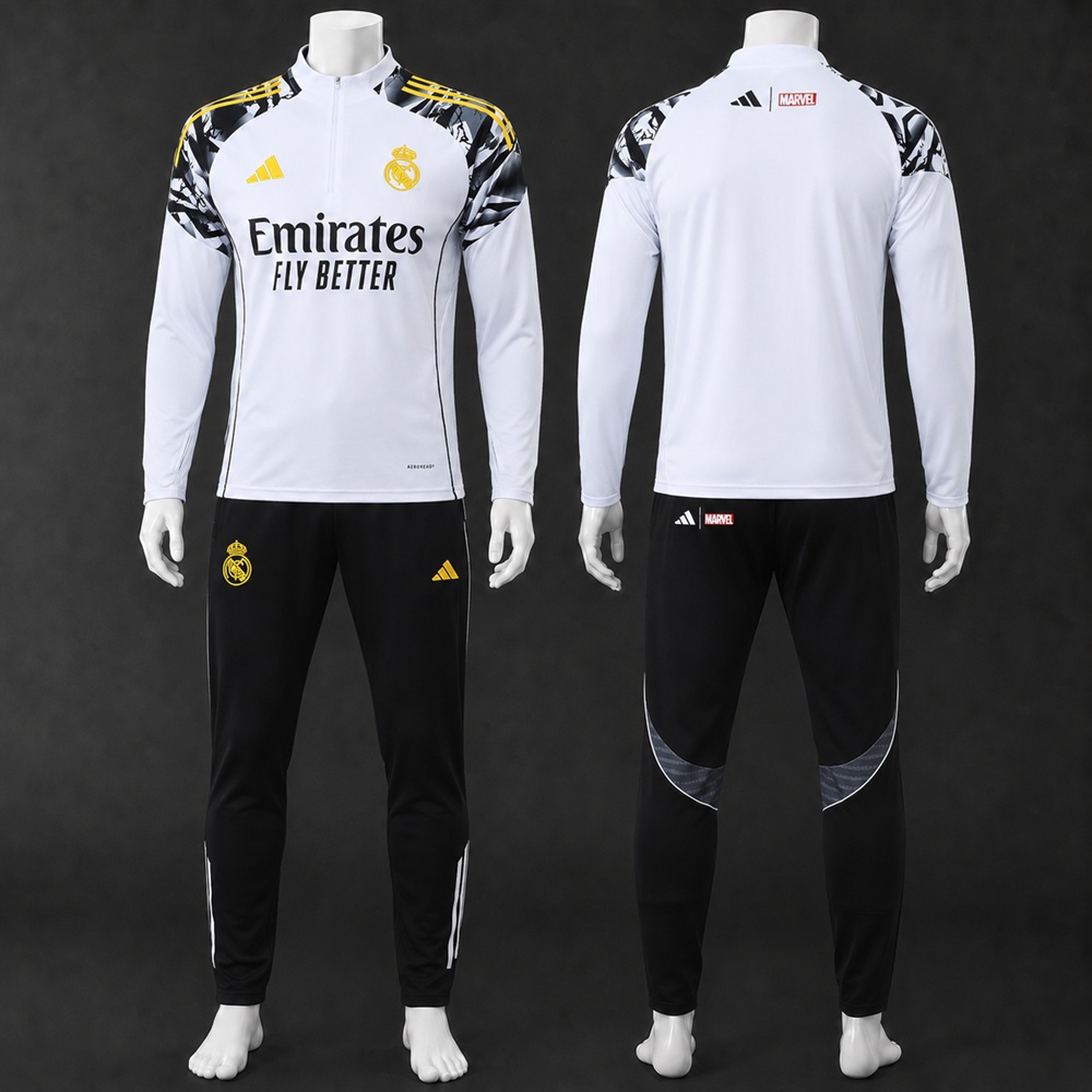 Real Madrid 25/26 White Marvel Printed Half Zip Tracksuit