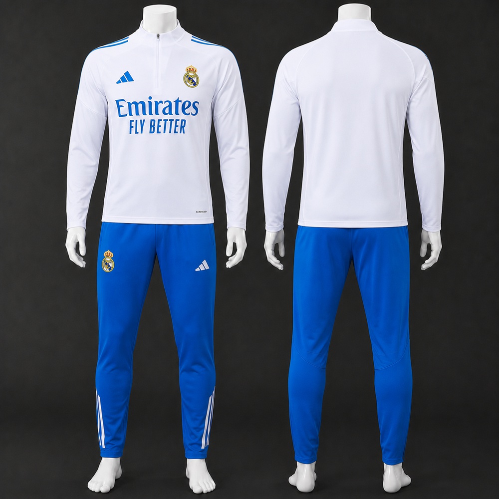 Real Madrid 25/26 White Blue Half Zip Tracksuit