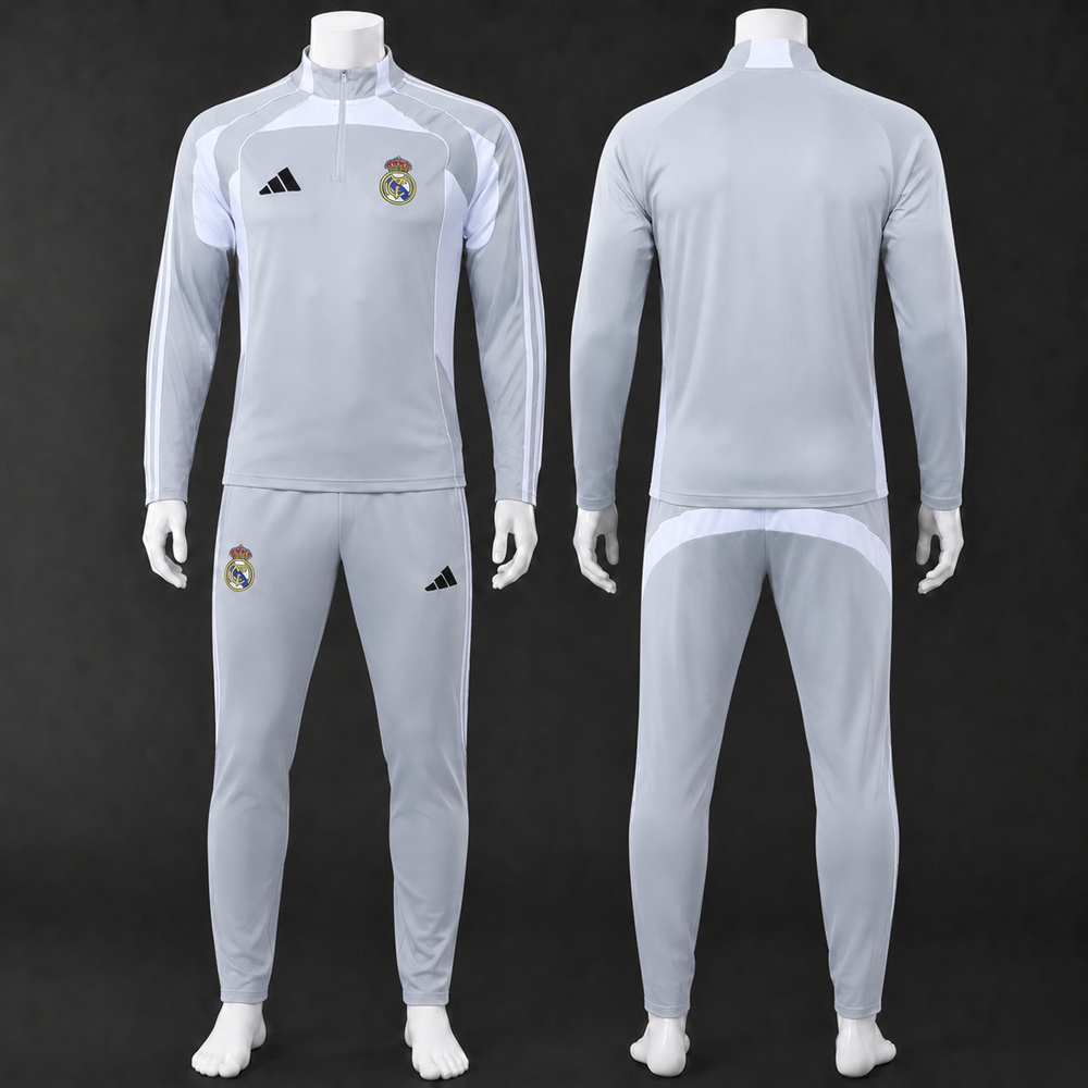 Real Madrid 25/26 Light Grey White Half Zip Tracksuit