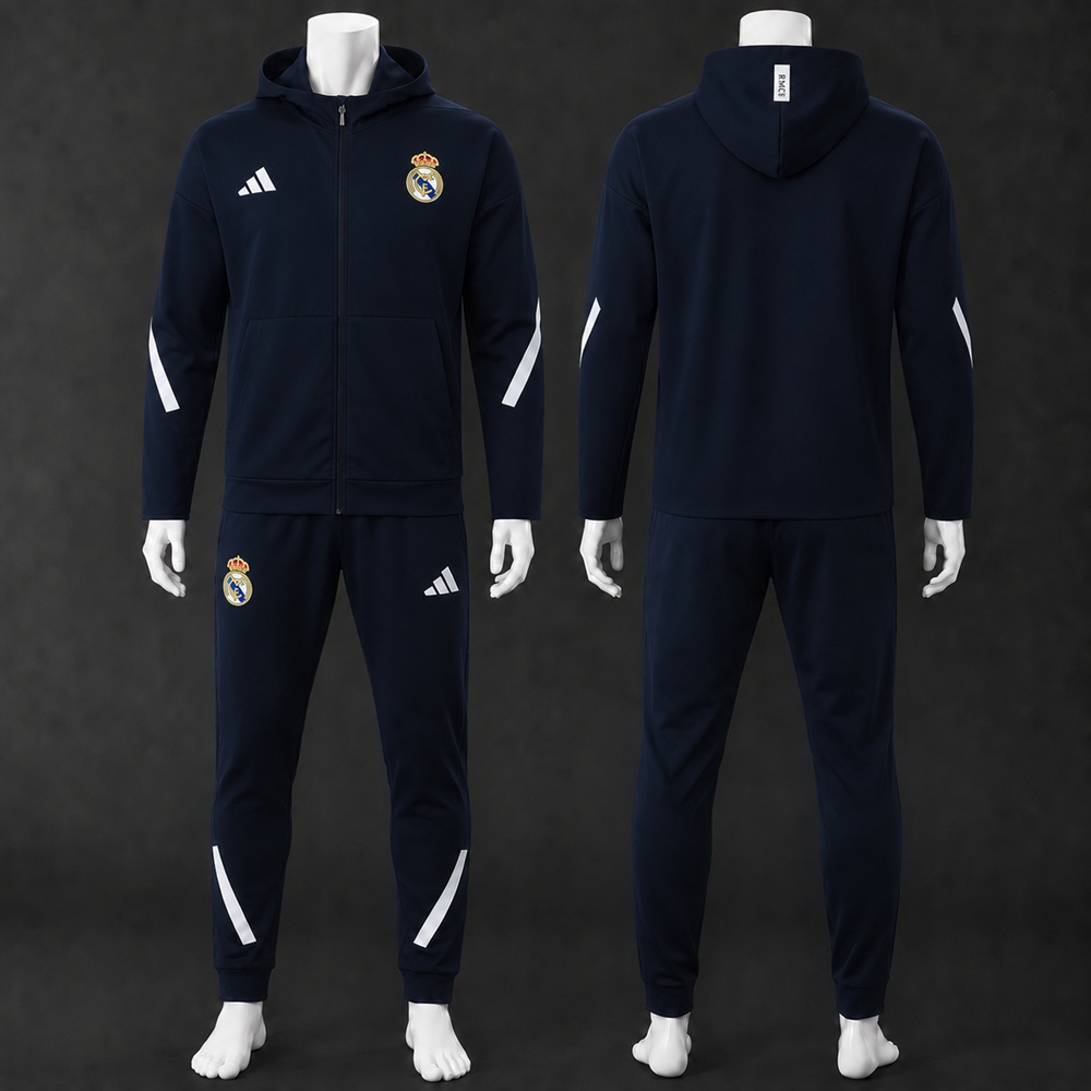Real Madrid 25/26 Navy White Hooded Jacket Long Pants Tracksuit Set