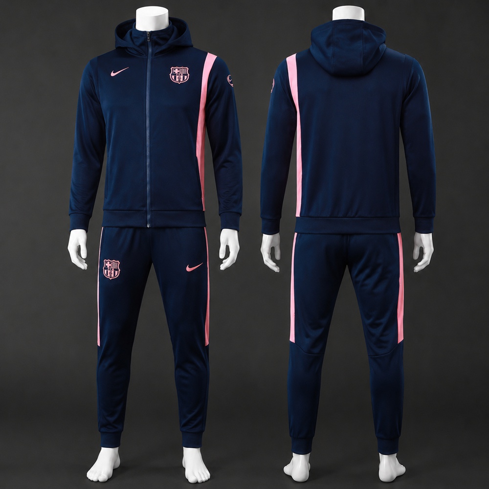 Barcelona 25/26 Navy Pink Hooded Jacket Long Pants Tracksuit Set