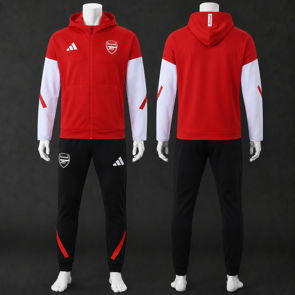 Arsenal 25/26 Red White Hooded Jacket Long Pants Tracksuit Set