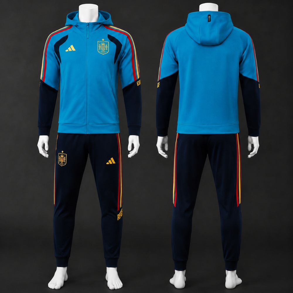 Spain 26/27 Cyan Navy Hooded Jacket Long Pants Tracksuit Set