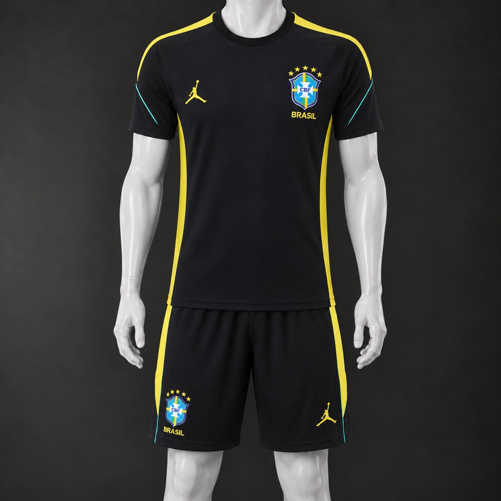 Brazil 26/27 Black Yellow Short-Sleeve Shorts Set